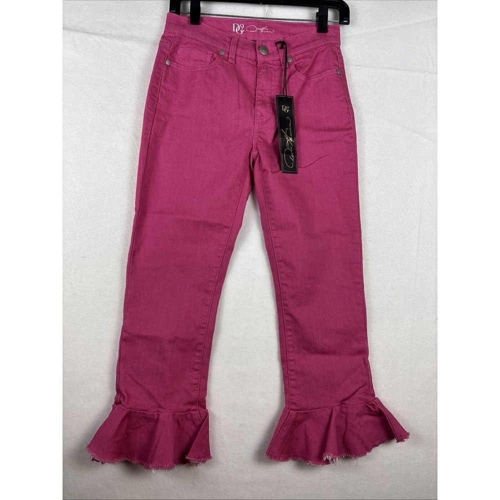 Diane Gilman DG2 Wide Leg Curved Ruffle Raw Hem Cropped Jeans Pink Womens Size 2